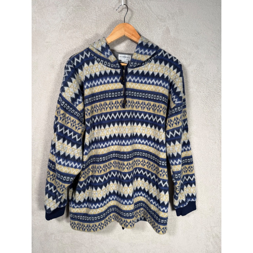 Sostanza Vintage Blue Yellow Fair Isle Quarter Zip Hooded Sweater XL Pockets